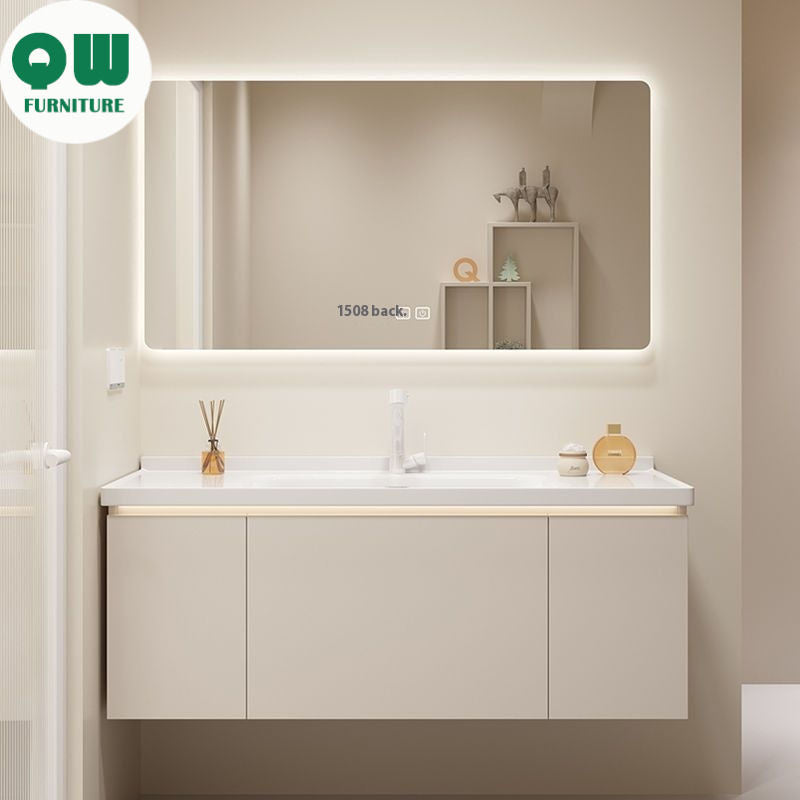 QW- Storan bilik mandi diperbuat daripada kayu asli, kabinet cermin pintar di bilik mandi, sinki bilik mandi 