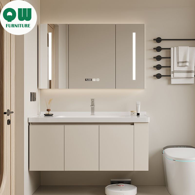 QW- Set kabinet kayu asli dengan cermin pintar dan sinki bilik mandi. 