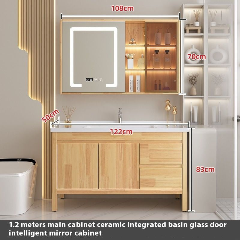 Set Singki Cermin Pintar Kabinet Penyimpanan Kayu Oak QW- di Bilik Mandi 