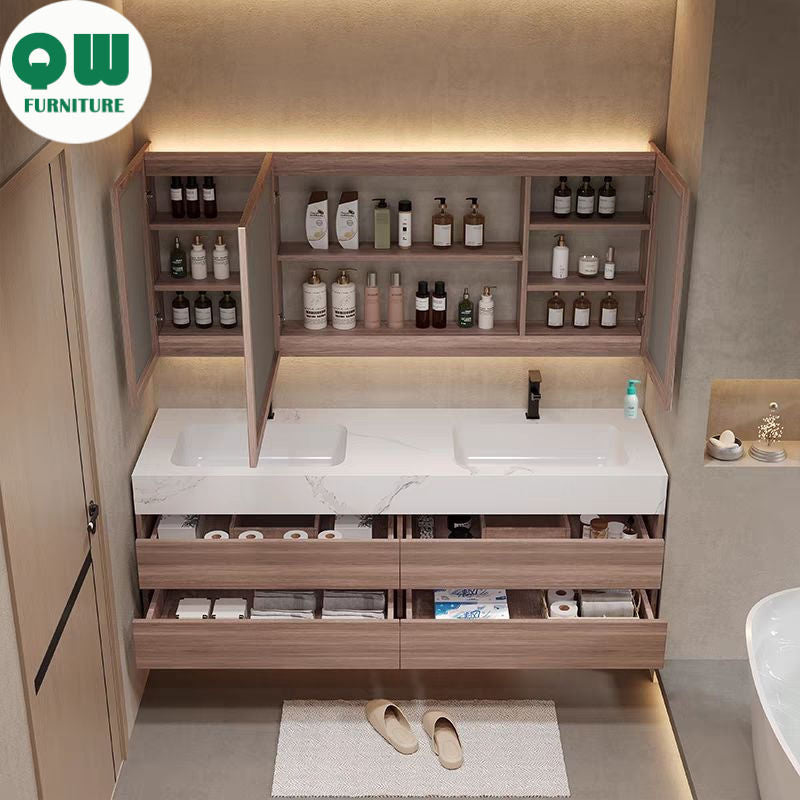 QW- High-quality storage made of real wood for smart mirror cabinet in the bathroom, bathroom sink.