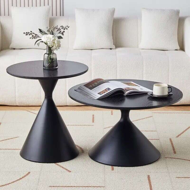 Meja teh kayu padu, gaya Nordik, untuk ruang tamu rumah, reka bentuk campuran, moden, ringkas, bentuk bulat.