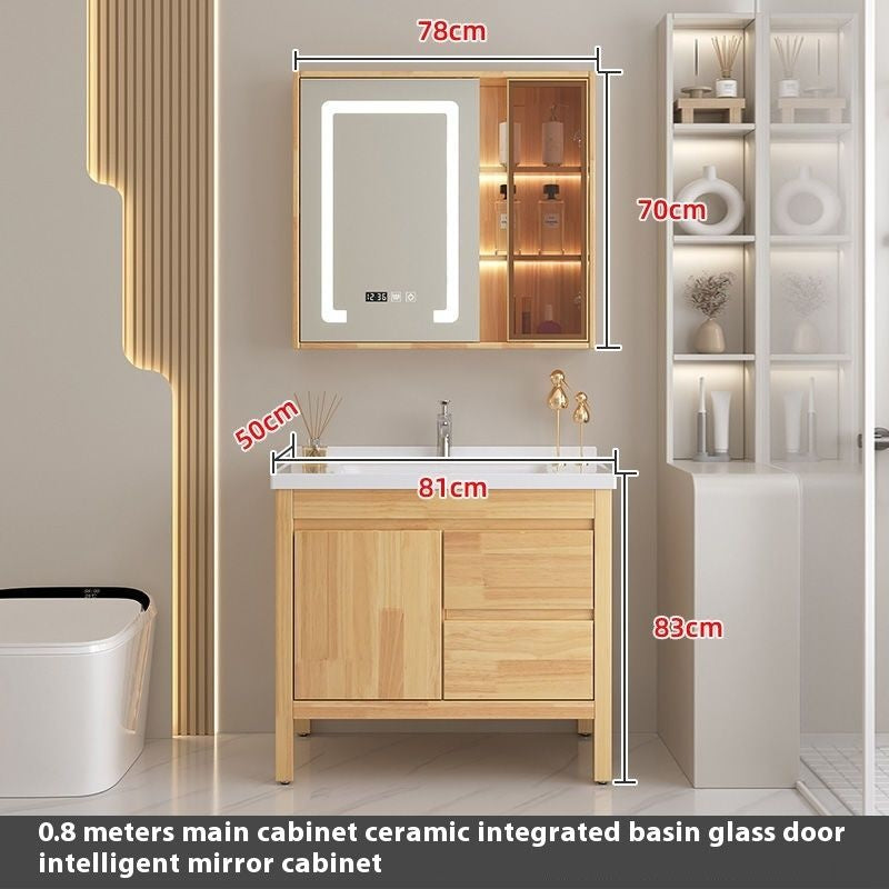 Set Singki Cermin Pintar Kabinet Penyimpanan Kayu Oak QW- di Bilik Mandi 