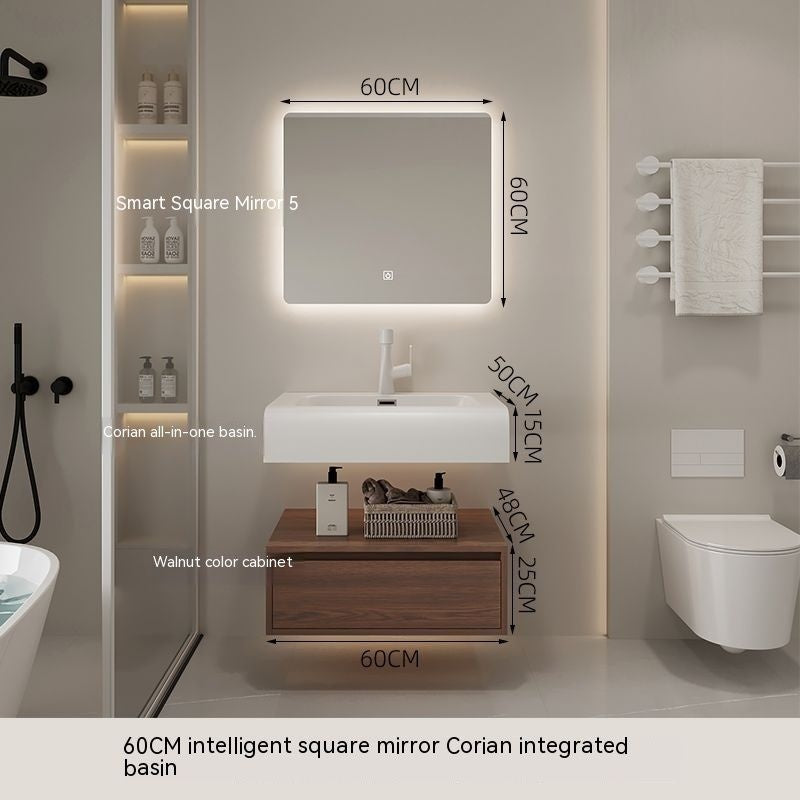 QW- Cermin Pintar daripada Kayu Walnut dengan Singki Bersepadu dan Kabinet Penyimpanan Bilik Mandi 