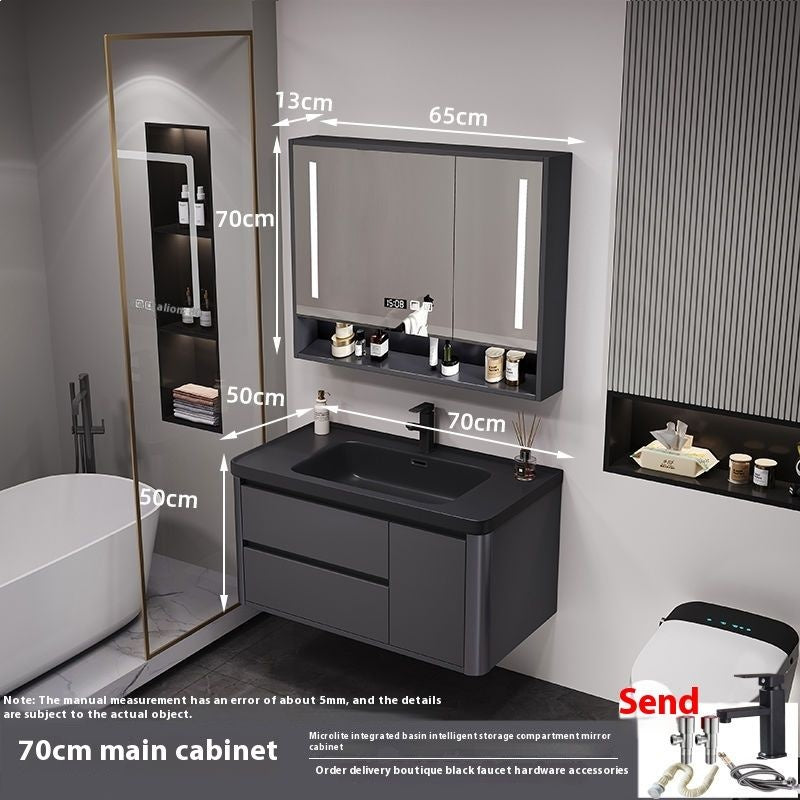 QW- Bathroom storage with smart mirror and black glass cabinet made of real wood.