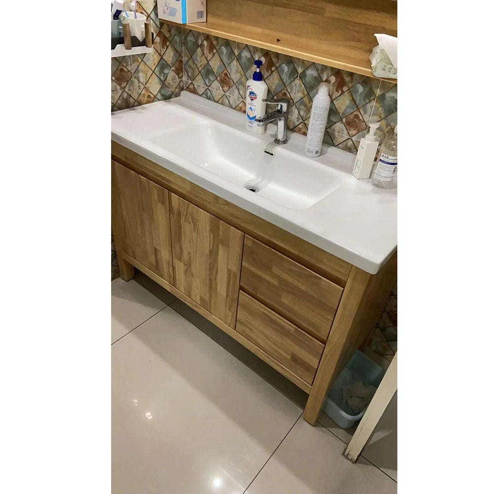 Set Singki Cermin Pintar Kabinet Penyimpanan Kayu Oak QW- di Bilik Mandi 