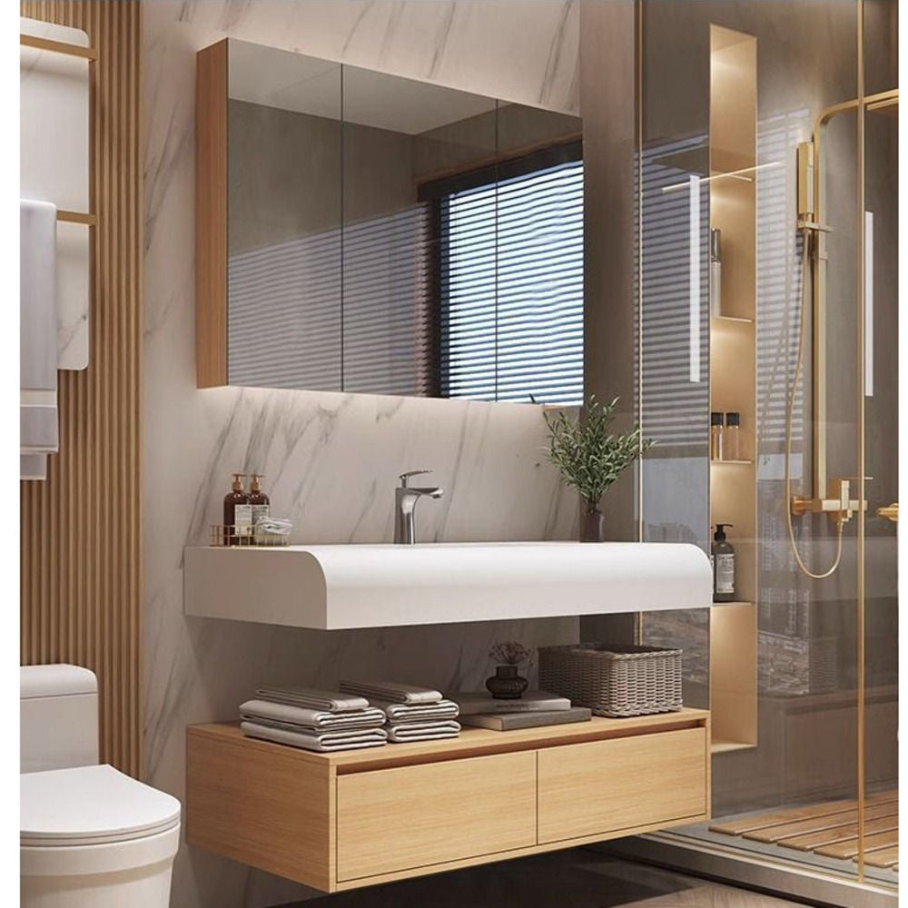 Set Singki Bilik Mandi Kabinet Cermin Pintar Penyimpanan Kayu Padu QW- 
