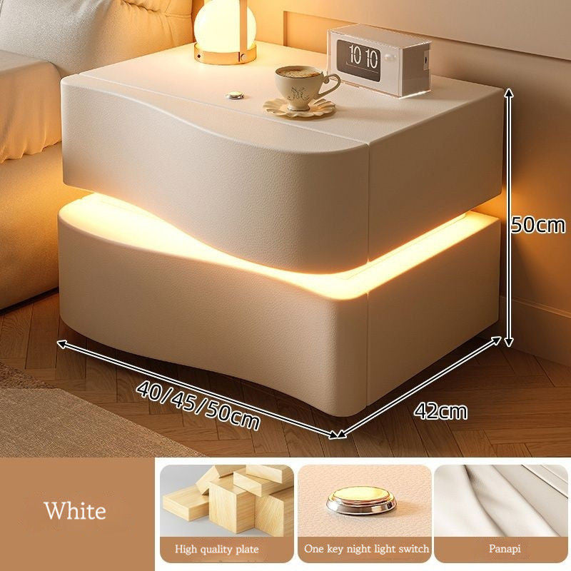 Cream Style Table, Home Bedside Storage Cabinet, Modern Solid Wood Bedroom, Smart Belt Light