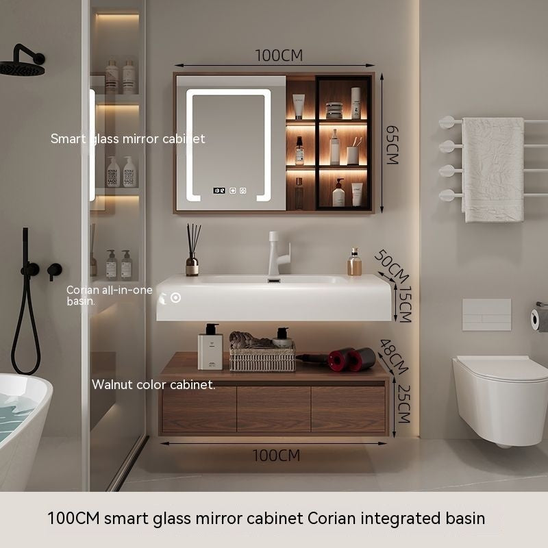 QW- Cermin Pintar daripada Kayu Walnut dengan Singki Bersepadu dan Kabinet Penyimpanan Bilik Mandi 